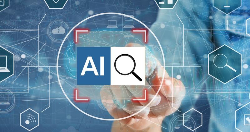 AI and search icons with a hand interacting with a digital interface, representing AI-enabled enterprise search.