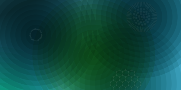 Abstract background with overlapping blue and green circular patterns, creating a gradient effect with subtle geometric motifs.