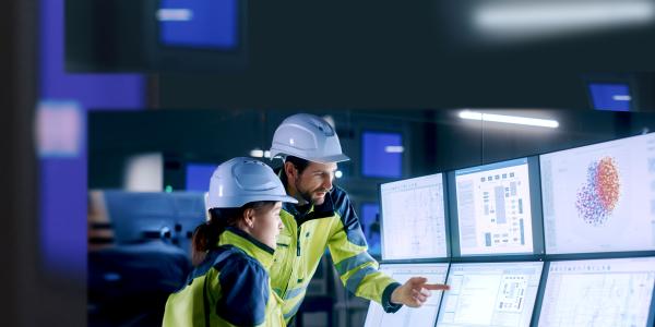 Safety officers looking at computer monitors