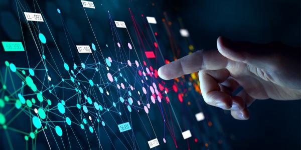  Digital image of a hand interacting with a 3D network of nodes connected by lines, overlaid with various data points.