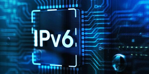 Image of a digital circuit board with the label "IPv6" illuminated in blue, symbolizing advanced network technology.