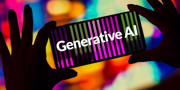 Image of two hands framing a smartphone displaying the "Generative AI" logo, set against a colorful, blurred background.