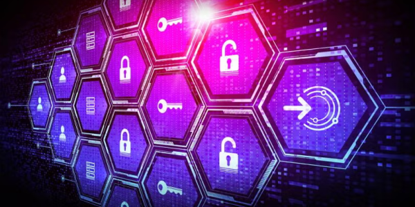 Illustration of hexagonal icons representing cybersecurity concepts, including padlocks, keys, and data flow symbols, set against a glowing digital background.