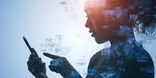 Silhouette of a woman using a smartphone with digital data and technology icons overlaid.