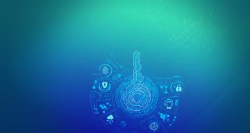 Illustration of a digital key surrounded by cybersecurity icons on a gradient blue and green background