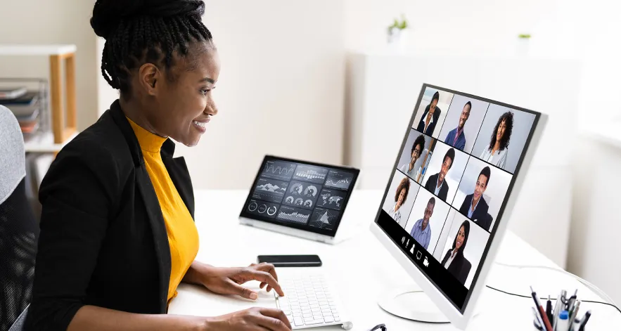 A woman on a conference call